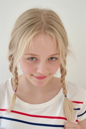 A serene portrait of a blonde-haired young girl with light skin tone, posing in front of a plain white wall. Her messy braids frame her face, and her soft green eyes are half-lidded, hinting at a subtle smile. She wears a striped T-shirt, adding a playful touch to her natural makeup look. The gentle lighting casts even shadows, emphasizing her features without harshness.
The image is a high-resolution photograph of a young girl with a light skin tone and blonde hair styled in two braids. Her hair is slightly tousled, with a few strands framing her face. She has a natural, neutral makeup look with a hint of pink on her lips and a light blush on her cheeks. Her eyes are a soft, light green, and she has a slight, closed-lip smile. She is wearing a short-sleeved T-shirt with horizontal stripes in red, white, and blue, which adds a touch of casual, playful style to her appearance. The background is a plain, light-colored wall, which keeps the focus entirely on the girl. The lighting is soft and even, casting gentle shadows and highlighting her features without harshness. The overall mood of the image is serene and youthful, capturing a moment of quiet contemplation or perhaps a candid, everyday moment.