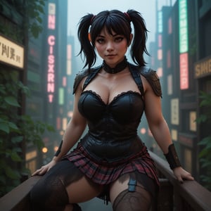 A rotund young woman with twintails hair, dressed as a Wall Street broker yuppie in a black corset top and plaid skirt, sits on a wooden railing in a cyberpunk city. Her glossy, retro 80s outfit features lace details, and she has an engaged expression with one leg raised. The scene is a close-up, eye-level shot with shallow depth of field, the green foliage and blurred cityscape creating a moody, analogous color palette. High key lighting from a softbox placed straight on illuminates her face, casting subtle shadows and highlighting the glossy texture of her clothing. The image, shot on a Panasonic Lumix S5 with a Lumix S PRO 70-200mm f-2.8 O.I.S lens, has a triadic color palette and a cinematic feel, reminiscent of Julie Blackmon's style, with film grain and a slightly overexposed background.