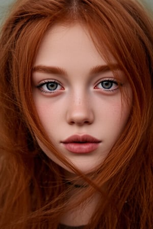 Close-up portrait of a young girl with red hair, 1400*1000, Irish genes, hair blown by the wind, marvelous eyes, freckled skin, inspired by Mary Elizabeth Price, red-toned mist, photorealistic, HDR photograph, ancient Irish atmosphere, unusually unique beauty, shot with Canon 5D Mark II, reminiscent of Tom Chambers and Jinsung Lim's photography style.