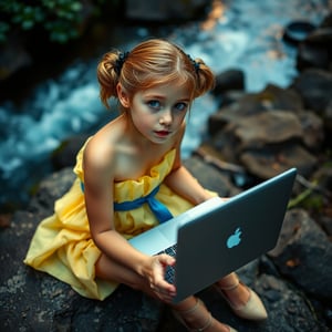 A young girl with fair skin, golden-brown hair in buns, and an innocent yet curious expression sits on rocky terrain by a river, dressed in a strapless yellow dress with a blue waist sash and beige high heels. She wears a black floral hair accessory and is engaged with a laptop, representing technology integration in fashion. The scene is set in a natural, bioluminescent environment with soft pastel lighting and multi-colored hues from below, casting a cool, ethereal glow. The close-up, selfie angle captures her slightly tilted head, with blurred foliage in the background. The high perspective shot, taken with a Canon EOS 5D Mark IV and Canon EF 24-70mm f/2.8L II, features film grain and a cool color palette, evoking the visual style of director David Lynch.