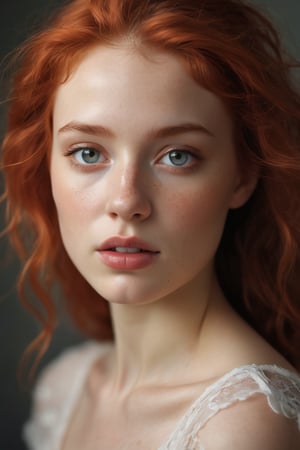 A delicate close-up captures the essence of a young girl with fiery red locks, her features illuminated by an ethereal soft glow. The fuzzy ambiance wraps around her, as if infused with a whimsical aura. In this photobashed masterpiece, Antoni Pitxot's portrait showcases the subject's endearing face, her gaze direct and engaging, set against a subtle gradient of creamy whites.
