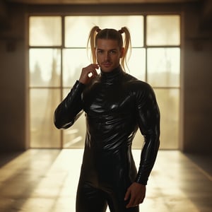 A muscular man with twintails hair and hairclips, dressed in a sleek, shiny black latex suit, stands in a minimalistic indoor setting with large windows offering an outdoor view. He faces the camera with a slight smile, touching his neck. The scene is set in an underground world beneath the earth's surface, with an analogous color palette and anamorphic lens flares. Strong studio lighting with a prominent rim light highlights his defined features, creating a super-realistic, finely-crafted, and naturalistic look. The background features subtle neoclassical elements and quilling art inspired by Henri Rousseau, adding an iconic and surreal touch. The lighting setup includes a soft key light from the front, a strong back light for the rim, and fill lights on either side to balance the shadows, all contributing to a neoclassical and dramatic atmosphere. Film grain and a square color palette enhance the visual depth and texture, capturing the essence of a high-contrast, cinematic shot.