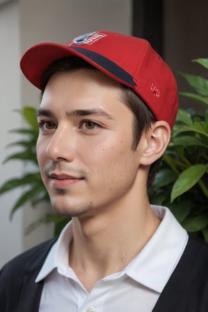 A close-up shot reveals a man donning a bold red cap bearing USA and 45 logos, subtly angled to the left for depth. His dark brown hair is neatly styled back into a ponytail. A hint of a smile plays on his eyes, slightly open as he wears a black suit jacket over a crisp white polo shirt. His hands rest on a black microphone, while a lush green plant peeks out from the upper right corner, adding a pop of color to the frame.