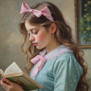 The image is a painting in an impressionist style, depicting a young girl with long, wavy, light brown hair adorned with a pink bow on the right side. She is shown in profile, facing to the left, and is dressed in a light blue, polka-dotted dress with a high collar. The girl appears to be engrossed in reading a book, which she holds in her right hand, her left hand resting on her lap. The background is a blurred, abstract mixture of greens and yellows, suggesting an outdoor setting with tall, grassy vegetation. The painting is executed in soft, blended brushstrokes, characteristic of impressionist art, which gives a gentle, dreamy quality to the image. The girl's expression is calm and focused, her eyes looking down at the book. The overall mood of the painting is serene and contemplative, capturing a quiet moment of reading and reflection. The texture of the painting is smooth and rich, with a soft, luminous quality that enhances the impressionistic style.