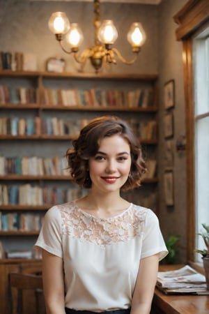In a cozy, whimsical setting reminiscent of a vintage bookstore, the enchanting young muse stands amidst an eclectic living space, surrounded by the vibrant hues and textures of Antipodean art. Her wavy, short top hair adds a playful touch, contrasting with her shoulder-length brown locks that frame her charming small smile. The 1.6m beauty's delicate features are illuminated by soft, warm lighting, as if sunlight filters through a dusty window. She poses relaxed yet alluring, surrounded by the eclectic trappings of Offaganetown's quirky charm.