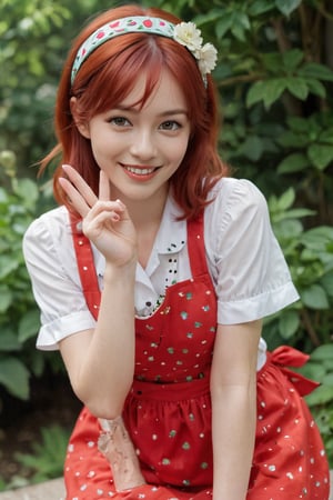 The image is a portrait of a young woman with red hair. She is wearing a red and white apron with a strawberry design on it. The apron has a white collar and a green skirt with red polka dots. She has a green headband with a blue and white floral design on top. The woman is smiling and making a peace sign with her fingers. She appears to be posing for the photo. The background is blurred, but it seems to be an outdoor setting with greenery.