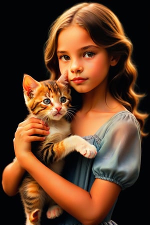

Capturing the essence of a strong yet feminine woman, this image depicts her in a glamorous pose as she holds a playful kitten. The scene is rendered with intricate detail and stunning oil painting techniques, highlighting both the subject's beauty and the surroundings. With cinematic lighting casting a warm glow on the scene, it invokes feelings of nostalgia and comfort. The photograph features a 40mm lens at f/1.2, resulting in a sharp focus that emphasizes the connection between the little girl and her beloved kitten. This striking portrait will leave viewers captivated by its unique blend of vivid colors, 4K textures, high contrast, and hidden magical elements.,