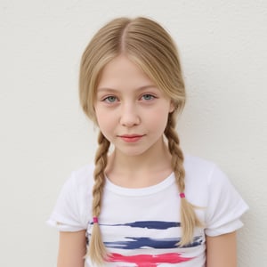 A serene portrait of a blonde-haired young girl with light skin tone, posing in front of a plain white wall. Her messy braids frame her face, and her soft green eyes are half-lidded, hinting at a subtle smile. She wears a striped T-shirt, adding a playful touch to her natural makeup look. The gentle lighting casts even shadows, emphasizing her features without harshness.
The image is a high-resolution photograph of a young girl with a light skin tone and blonde hair styled in two braids. Her hair is slightly tousled, with a few strands framing her face. She has a natural, neutral makeup look with a hint of pink on her lips and a light blush on her cheeks. Her eyes are a soft, light green, and she has a slight, closed-lip smile. She is wearing a short-sleeved T-shirt with horizontal stripes in red, white, and blue, which adds a touch of casual, playful style to her appearance. The background is a plain, light-colored wall, which keeps the focus entirely on the girl. The lighting is soft and even, casting gentle shadows and highlighting her features without harshness. The overall mood of the image is serene and youthful, capturing a moment of quiet contemplation or perhaps a candid, everyday moment.