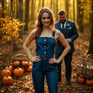 A young woman with fair skin and a slight smile, adorned in a blue denim jumpsuit with sequins, stands in an autumn woodland with carved pumpkins, scattered fruits, and a picnic basket. Her hair is styled elaborately for a wedding, and she places her right hand on her hip, facing the camera. A beefy man in a luxury suit stands behind her, handing her a wine bottle. The scene is bathed in natural, warm autumn light with a strong backlight, creating a soft, low-contrast, intricate look. The composition is a mid-shot with a slight soft focus, shot in a gritty industrial style, framed with film grain and a warm, golden color grade, reminiscent of Edward Burtynsky's cinematography.