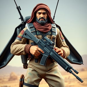 Realistic, 3D rendering of a Muslim action figure, inspired by GI Joe, wearing a paraglider suit, with a determined facial expression, holding a assault rifle, with a Middle Eastern-inspired desert background, 1400*1000