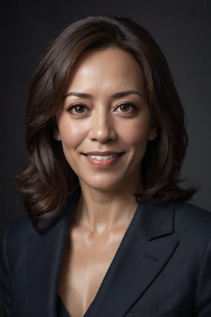 Kamala Harris, Vice President of the United States, exudes confident elegance in a medium shot against a dark background. Soft box lighting creates a flattering glow on her mature beauty, accentuating her silver fox hair and natural makeup. Her direct eye contact and subtle smile convey approachability and seriousness. A high-end camera captures her portrait with an 80mm lens at f/1.4, producing a shallow depth of field and film grain texture. The Canon EOS 5DS R, ISO 100, and 6x7cm medium format film ensure natural skin tones and color accuracy. No retouching or graphics are applied, allowing her mature presence to shine.