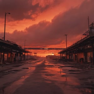 Here is a prompt that captures the eerie scene:

Create an image of a deserted service area on the highway to hell, with an ominous red sky casting a menacing glow over the scene. Flickering fluorescent lights illuminate rusty metal structures and fading signs, conveying a sense of decay and abandonment. In the background, the highway stretches towards a fiery horizon, immersing viewers in an unsettling atmosphere.