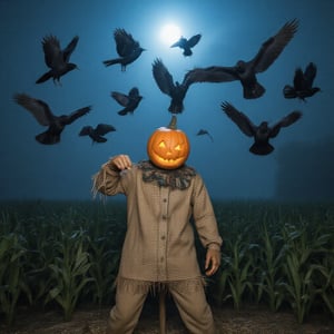 A scarecrow with a weathered, burlap body and a glowing pumpkin head, its carved eyes and mouth aglow with an eerie orange light, stands defiantly in a misty, moonlit cornfield. Raven feathers scatter around as a flock of dark, menacing ravens swoop down, their beaks and claws outstretched in a fierce attack. The scene is bathed in a cool, blue moonlight, with a single spotlight casting long, dramatic shadows. The background is a dense, foggy forest, adding to the haunting atmosphere. The image style is reminiscent of Tim Burton's gothic cinematography, with high contrast, deep shadows, and a slightly desaturated color palette, emphasizing the eerie, otherworldly tension. Film grain adds texture, and the color grading enhances the cold, mystical mood.