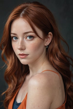 a portrait of a young woman with long red hair, wearing an orange sleeveless top and earrings. her eyes are blue, and she has freckles on her face. her hair is wavy and cascading down her shoulders. the background is a dark gray wall.