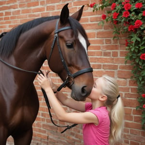 eye-level indoors, a fair-skinned woman with long brown hair and a pink shirt is the focal point of this shot. she's smiling warmly at the camera, her gaze directed towards the left side of the frame. in the foreground, a fair-skinned child with a black helmet and a red jacket is standing, his left hand gently touching the horse's nose. the child is dressed in blue jeans and black boots, and his left arm is bent at the elbow, revealing a black helmet underneath. the horse, a light brown with a white mane, is adorned with a red halter and a white and red bridle. the child's left hand is gently touching the horse's nose, while his right hand is bent at the elbow, revealing a black helmet underneath. the horse, a light brown with a white mane, is standing in a stable, surrounded by a brick wall. the stable is filled with a variety of bricks, including red bricks, white bricks, and a brick wall. the walls are adorned with vines and flowers, adding a touch of nature to the scene.