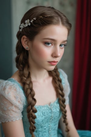 A serene young girl, with porcelain skin and luscious brown locks, sits peacefully in a medium shot. She wears a stunning turquoise dress, bedazzled with silver sequins and a show-stopping flower at its center. Her pigtails, adorned with delicate braids, frame her angelic face as she closes her eyes, slightly parted lips conveying contemplation. The stark white backdrop provides a striking contrast to her vibrant attire, while the red curtain to the left adds a bold pop of color.