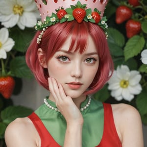 a detailed close-up captures a young woman, clad in a vibrant strawberry costume. her red hair is styled into a bob cut, accentuated by a crown adorned with green and white beads. the costume's apron features a large strawberry motif, adding a playful touch to the ensemble. the woman's eyes are painted a striking green, while her lips are a radiant pink. her hands rest on her chin, framing her face perfectly