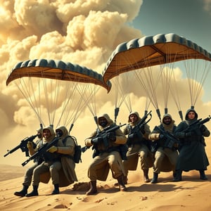 Photorealistic, 3D rendering of a paraglider assault team, consisting of Muslim action figures, inspired by GI Joe, with diverse facial expressions, wearing paragliders, holding various assault rifles, with a massive sandstorm in the background, 1920*1080