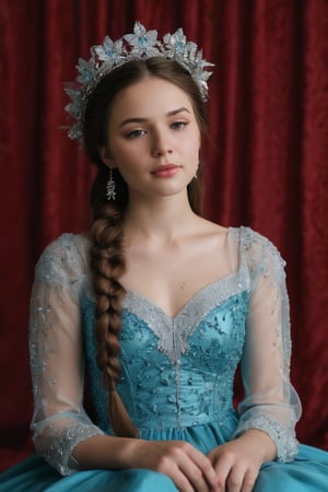 In a medium shot, a serene fair-skinned girl with long brown hair and turquoise dress adorned with silver crown and blue jewels sits in contemplation. Her eyes closed, mouth slightly agape, she wears a white long-sleeved dress with silver sequins and a large flower centerpiece. Pigtails, each ending in a braid, frame her face. The stark white backdrop provides a striking contrast to her vibrant attire, while the red curtain on the left adds a bold pop of color.