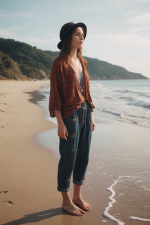 A young woman exudes a hipster vibe in her outfit, standing on a serene beach as she gazes into the distance, embodying a laid-back, bohemian aesthetic.