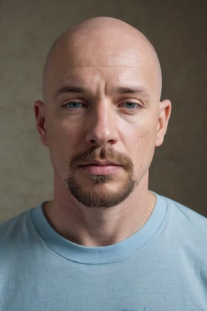 In a medium, eye-level shot, a bald, fair-skinned man with a goatee and mustache gazes downward at the camera, his eyes closed, mouth slightly ajar. He wears a light blue t-shirt with a central blue stripe and the phrase the lord is my shepherd in black letters on the left side, partially visible behind his head. The framing highlights his contemplative expression, with the shirt's design adding a touch of subtle spirituality to the scene.