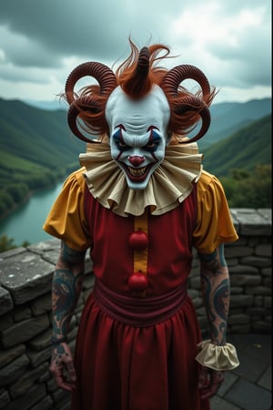 A sinister, twisted evil clown with pale skin and dark, sunken eyes dons saintly attire, contrasting with Medusa-inspired tattoos that snake across his arms and face. He stands provocatively in a fantasy world with a stone wall behind him, green hills rolling into the distance, and a cloudy sky above. A shallow depth of field and center-focused, eye-level angle highlight the clown’s unsettling presence. Cinestillidoscurio’s vivid hues and hyperdetailed, intricate textures bring the scene to life, with dramatic, moody lighting casting deep shadows and highlighting the clown’s malevolent grin. The background features a serene river, adding a stark contrast to the foreboding figure. The scene is framed with film grain and a dark, noir aesthetic, enhancing the eerie atmosphere.