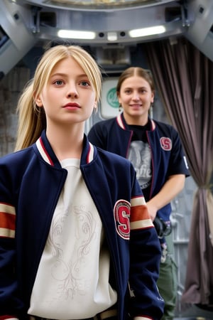 A young woman with fair, matte skin and long, straight light brown hair in a high ponytail stands close-up, her large, expressive green eyes tilted upward in curiosity. She wears a soft, fuzzy navy blue varsity jacket with red and white stripes over a white shirt with intricate silver embroidery. Behind her, a non-Euclidean architect with plaited hair and a lip ring, dressed in green cargo pants, black t-shirt, and hiking boots, stands straight, hands clasping a bag, weight on right leg, smiling. They are inside a high-tech orbital space station, with a stone wall and draped curtains, studio lighting with strong rim light, creating a double complementary (tetradic) color palette. The scene is framed with a shallow depth of field, emphasizing the young woman's youthful and approachable appearance, reminiscent of a Bob Ross painting, with subtle film grain and pastel color grading, capturing a moment of wisdom transfer and intimacy.,tronggg