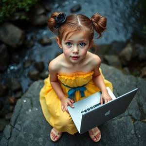 A young girl with fair skin, golden-brown hair in buns, and an innocent yet curious expression sits on rocky terrain by a river, dressed in a strapless yellow dress with a blue waist sash and beige high heels. She wears a black floral hair accessory and is engaged with a laptop, representing technology integration in fashion. The scene is set in a natural, bioluminescent environment with soft pastel lighting and multi-colored hues from below, casting a cool, ethereal glow. The close-up, selfie angle captures her slightly tilted head, with blurred foliage in the background. The high perspective shot, taken with a Canon EOS 5D Mark IV and Canon EF 24-70mm f/2.8L II, features film grain and a cool color palette, evoking the visual style of director David Lynch.