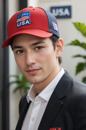 A close-up shot reveals a man donning a bold red cap bearing USA and 45 logos, subtly angled to the left for depth. His dark brown hair is neatly styled back into a ponytail. A hint of a smile plays on his eyes, slightly open as he wears a black suit jacket over a crisp white polo shirt. His hands rest on a black microphone, while a lush green plant peeks out from the upper right corner, adding a pop of color to the frame.