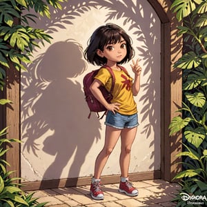 A highly detailed, ultra-realistic portrayal of Dora the Explorer, showcasing her iconic shadow in a concept art-inspired setting. The artwork captures intricate details, ensuring it is both highly detailed and hyper-focused, while adhering to Swantleave Point's photorealistic standards. The golden-accented design adds a touch of elegance to Dora's appearance, making her poster stand out with its sharp focus and riveting intricacy.