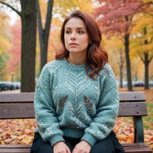 Beautiful woman, contemplative and reflective, sitting on a bench, cozy sweater, autumn park with colorful leaves, soft overcast light, muted color photography style, 4K quality.