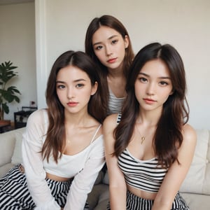 Two young women, side-by-side in a candid selfie, their faces inches from the lens. The woman on the left sports a striking white crop top, paired with black and white striped pants, her long brown locks framing her serious gaze directly at the camera. A gold necklace glimmers around her neck, featuring a pendant that catches the light. Against a warm, inviting living room backdrop, a plush couch and coffee table create a cozy atmosphere, subtly drawing attention to the genuine connection between these two women.