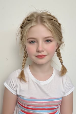 A serene portrait of a blonde-haired young girl with light skin tone, posing in front of a plain white wall. Her messy braids frame her face, and her soft green eyes are half-lidded, hinting at a subtle smile. She wears a striped T-shirt, adding a playful touch to her natural makeup look. The gentle lighting casts even shadows, emphasizing her features without harshness.
The image is a high-resolution photograph of a young girl with a light skin tone and blonde hair styled in two braids. Her hair is slightly tousled, with a few strands framing her face. She has a natural, neutral makeup look with a hint of pink on her lips and a light blush on her cheeks. Her eyes are a soft, light green, and she has a slight, closed-lip smile. She is wearing a short-sleeved T-shirt with horizontal stripes in red, white, and blue, which adds a touch of casual, playful style to her appearance. The background is a plain, light-colored wall, which keeps the focus entirely on the girl. The lighting is soft and even, casting gentle shadows and highlighting her features without harshness. The overall mood of the image is serene and youthful, capturing a moment of quiet contemplation or perhaps a candid, everyday moment.