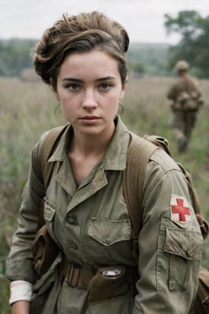 A young woman , cute and sexy. A battle-hardened medic stands ready at a field station during a wartime mission, fully equipped with his med kit, bandages rolled tightly and syringes prepared. His unflinching eyes stare straight into the lens of the camera, conveying both the determination to save lives amidst the chaos of conflict and the empathy for those who have been wounded in combat. The medic's life is defined by two conflicting desires: a commitment to his fellow soldiers and a need to preserve their humanity in even the darkest times.