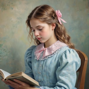 The image is a painting in an impressionist style, depicting a young girl with long, wavy, light brown hair adorned with a pink bow on the right side. She is shown in profile, facing to the left, and is dressed in a light blue, polka-dotted dress with a high collar. The girl appears to be engrossed in reading a book, which she holds in her right hand, her left hand resting on her lap. The background is a blurred, abstract mixture of greens and yellows, suggesting an outdoor setting with tall, grassy vegetation. The painting is executed in soft, blended brushstrokes, characteristic of impressionist art, which gives a gentle, dreamy quality to the image. The girl's expression is calm and focused, her eyes looking down at the book. The overall mood of the painting is serene and contemplative, capturing a quiet moment of reading and reflection. The texture of the painting is smooth and rich, with a soft, luminous quality that enhances the impressionistic style.