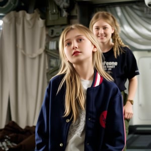 A young woman with fair, matte skin and long, straight light brown hair in a high ponytail stands close-up, her large, expressive green eyes tilted upward in curiosity. She wears a soft, fuzzy navy blue varsity jacket with red and white stripes over a white shirt with intricate silver embroidery. Behind her, a non-Euclidean architect with plaited hair and a lip ring, dressed in green cargo pants, black t-shirt, and hiking boots, stands straight, hands clasping a bag, weight on right leg, smiling. They are inside a high-tech orbital space station, with a stone wall and draped curtains, studio lighting with strong rim light, creating a double complementary (tetradic) color palette. The scene is framed with a shallow depth of field, emphasizing the young woman's youthful and approachable appearance, reminiscent of a Bob Ross painting, with subtle film grain and pastel color grading, capturing a moment of wisdom transfer and intimacy.,tronggg