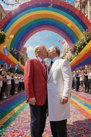 A Technicolor dream of unity! Trump and Putin lock lips amidst a kaleidoscope of colorful confetti, surrounded by fluttering rainbow flags. The unlikely duo beams with joy as they stroll down the Pride Walk catwalk, bathed in warm sunlight. A bold, graphic background features stylized LGBTQ+ symbols and geometric patterns. The tagline 'Love Conquers All' arches above, written in cursive script with a splash of glitter.