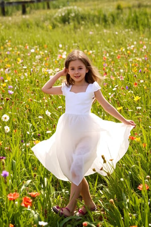 A  girl's dreamy dance in a sun-kissed meadow, surrounded by vibrant wildflowers, wears a flowing white dress, the girl is 4 years old,beaming with a bright and charming smile, as warm rays of sunlight filter through lush green blades, casting a soft glow on the serene scene, reminiscent of Renoir or Morisot's Impressionist masterpieces.,hubggirl