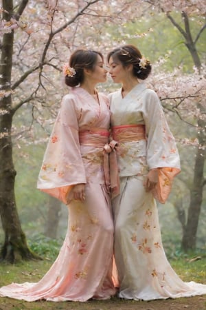 In a whimsical, misty forest glade, amidst towering cherry blossom trees, two ravishing Yuki- Menoke harem ladies, donning intricately embroidered kimonos, share a passionate kiss. Soft, ethereal light bathes the scene, with golden hues casting a warm glow on their faces. The composition focuses on the tender moment, with lush foliage and delicate petals framing the couple's embrace.