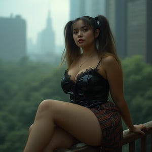 A rotund young woman with twintails hair, dressed as a Wall Street broker yuppie in a black corset top and plaid skirt, sits on a wooden railing in a cyberpunk city. Her glossy, retro 80s outfit features lace details, and she has an engaged expression with one leg raised. The scene is a close-up, eye-level shot with shallow depth of field, the green foliage and blurred cityscape creating a moody, analogous color palette. High key lighting from a softbox placed straight on illuminates her face, casting subtle shadows and highlighting the glossy texture of her clothing. The image, shot on a Panasonic Lumix S5 with a Lumix S PRO 70-200mm f-2.8 O.I.S lens, has a triadic color palette and a cinematic feel, reminiscent of Julie Blackmon's style, with film grain and a slightly overexposed background.