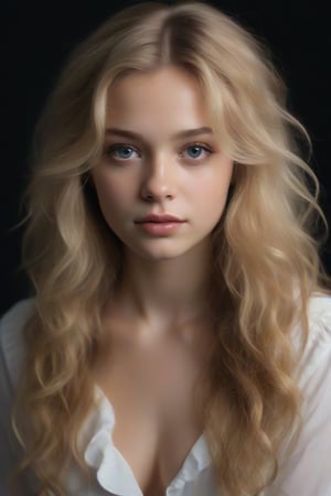 The image is a portrait of a young girl with long blonde hair. She is looking directly at the camera with a serious expression on her face. Her hair is styled in loose waves and falls over her shoulders. She has a slight smile on her lips and her eyes are a piercing blue. The background is black, making the girl the focal point of the image. She appears to be wearing a white blouse with a ruffled neckline. The lighting is soft and natural, highlighting her features,Supersex