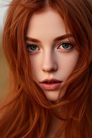 Close-up portrait of a young woman with red hair, 1400*1000, Irish genes, hair blown by the wind, marvelous eyes, freckled skin, inspired by Mary Elizabeth Price, red-toned mist, photorealistic, HDR photograph, ancient Irish atmosphere, unusually unique beauty, shot with Canon 5D Mark II, reminiscent of Tom Chambers and Jinsung Lim's photography style.