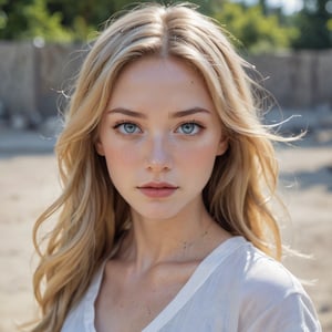 The image is a close-up portrait of a young woman with blonde hair and blue eyes. She is looking directly at the camera with a serious expression on her face. Her hair is styled in loose waves and falls over her shoulders. She has freckles on her skin and her eyes are a piercing blue color. The background is blurred, but it appears to be an outdoor setting with a concrete floor. The overall mood of the image is calm and serene.