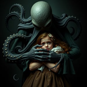 In a chilling and enchanting scene, a faceless tentacle monster tenderly embraces a frightened yet adorable young woman, creating a stark contrast between the dreadful presence of Cthulhu and the cuteness of his victim. Despite the terrifying situation, an unexpected romantic and sensual tenderness emerges between the two, weaving an unexpected depth into the composition and adding nuance to the horrifying premise. The dreadful yet beautiful image exudes a fascinating blend of fear, curiosity, and affection, as if plucked from the pages of a classic Lovecraftian tale. This unforgettable scene encapsulates the essence of the mind-bending, gothic horror that has captivated audiences for generations, inviting viewers to explore the fascinating realms of terror and tenderness that lie beyond the boundaries of the mundane.