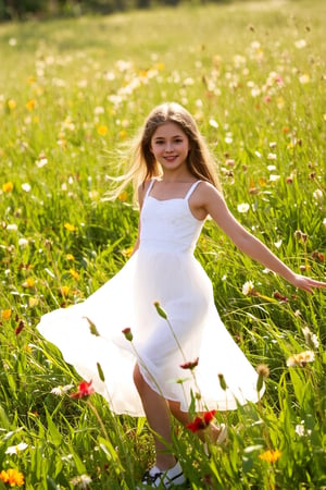 A  girl's dreamy dance in a sun-kissed meadow, surrounded by vibrant wildflowers, wears a flowing white dress, the girl is 10 years old,beaming with a bright and charming smile, as warm rays of sunlight filter through lush green blades, casting a soft glow on the serene scene, reminiscent of Renoir or Morisot's Impressionist masterpieces.,hubggirl