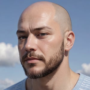 a close-up, eye-level shot captures a middle-aged man with a bald head and a goatee. his eyes are closed, and he's looking down, as if in contemplation. his face is slightly tilted to the left, adding depth to the image. his hair is gray and sparse, with a few strands sticking out from the top of his head. his beard is white and bushy, adding texture to his facial features. his shirt is light blue, with a white stripe running across the chest. the background is a pale blue sky, with wispy clouds scattered across it.