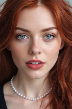 a fair-skinned woman with long, wavy red hair and blue eyes is captured in a close-up, eye-level shot. she's dressed in a black top, which is partially unbuttoned, revealing her pale skin beneath. a necklace of three pearls adorns her neck, adding a touch of elegance. her gaze is directed towards the camera, which captures her mouth slightly ajar, revealing a set of pearly white teeth. her hair, a vibrant shade of red, is parted in the middle, adding a touch of contrast to her face. the backdrop is a blurred white wall, providing a stark contrast to the woman's vibrant palette.