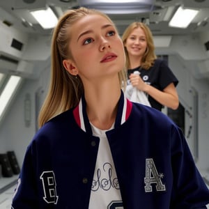 A young woman with fair, matte skin and long, straight light brown hair in a high ponytail stands close-up, her large, expressive green eyes tilted upward in curiosity. She wears a soft, fuzzy navy blue varsity jacket with red and white stripes over a white shirt with intricate silver embroidery. Behind her, a non-Euclidean architect with plaited hair and a lip ring, dressed in green cargo pants, black t-shirt, and hiking boots, stands straight, hands clasping a bag, weight on right leg, smiling. They are inside a high-tech orbital space station, with a stone wall and draped curtains, studio lighting with strong rim light, creating a double complementary (tetradic) color palette. The scene is framed with a shallow depth of field, emphasizing the young woman's youthful and approachable appearance, reminiscent of a Bob Ross painting, with subtle film grain and pastel color grading, capturing a moment of wisdom transfer and intimacy.