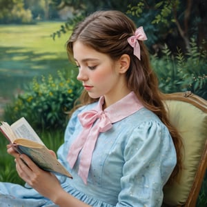 The image is a painting in an impressionist style, depicting a young girl with long, wavy, light brown hair adorned with a pink bow on the right side. She is shown in profile, facing to the left, and is dressed in a light blue, polka-dotted dress with a high collar. The girl appears to be engrossed in reading a book, which she holds in her right hand, her left hand resting on her lap. The background is a blurred, abstract mixture of greens and yellows, suggesting an outdoor setting with tall, grassy vegetation. The painting is executed in soft, blended brushstrokes, characteristic of impressionist art, which gives a gentle, dreamy quality to the image. The girl's expression is calm and focused, her eyes looking down at the book. The overall mood of the painting is serene and contemplative, capturing a quiet moment of reading and reflection. The texture of the painting is smooth and rich, with a soft, luminous quality that enhances the impressionistic style.