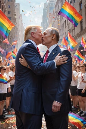 In a vibrant, neon-lit backdrop, Donald Trump and Vladimir Putin share a tender kiss as they proudly wave rainbow flags at the forefront of a colorful Pride Walk. Framed by fluttering rainbows and glittering confetti, the unlikely duo exudes joy and acceptance in this over-the-top, campy propaganda poster.